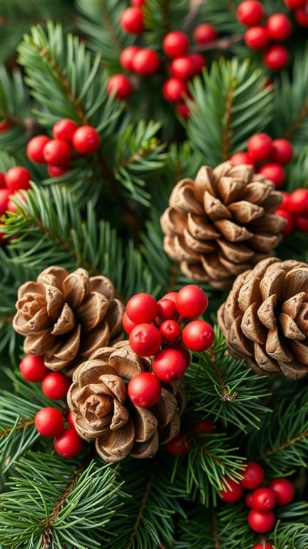 A festive arrangement of pine cones and red berries among green pine needles.