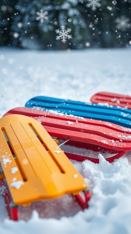 Colorful sleds in the snow with falling snowflakes