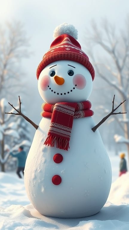 A smiling snowman wearing a red hat and scarf, surrounded by a snowy landscape.