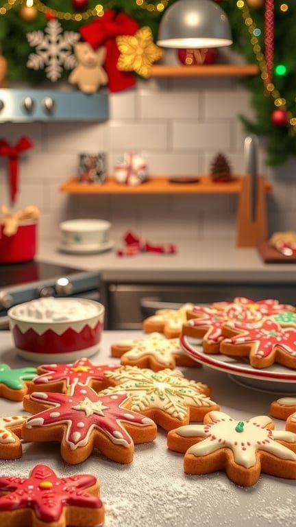 A festive kitchen scene with decorated Christmas cookies on a table, surrounded by holiday decorations.