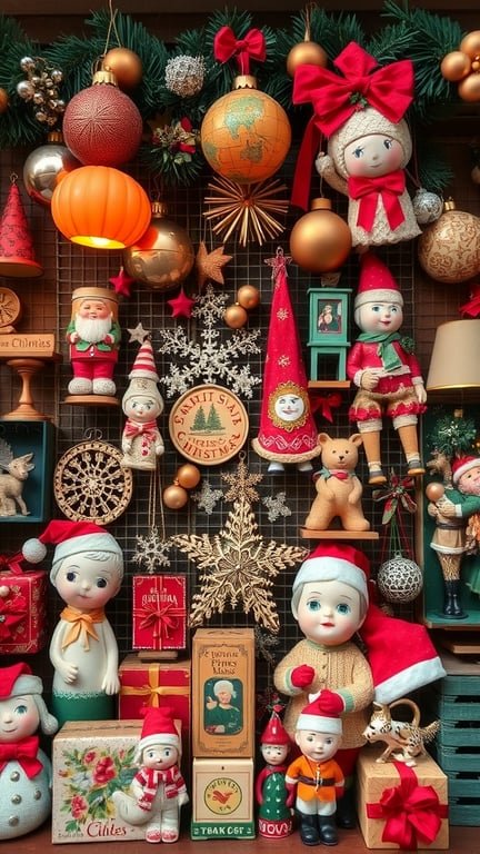 A collection of vintage Christmas decorations including dolls, ornaments, and festive items.