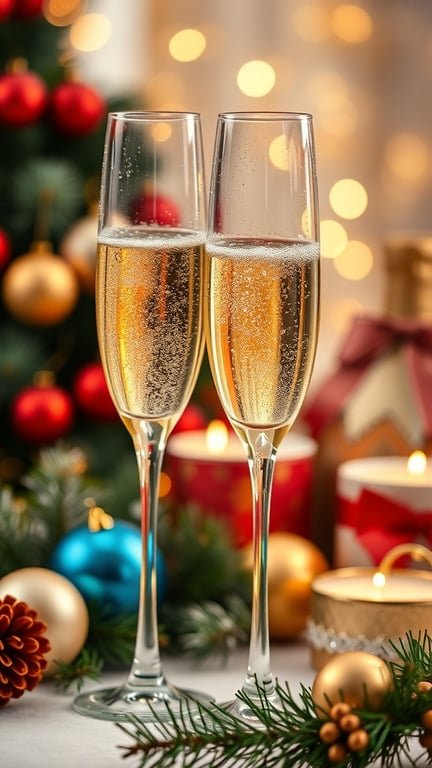 Two champagne flutes filled with sparkling champagne, surrounded by Christmas decorations and candles.