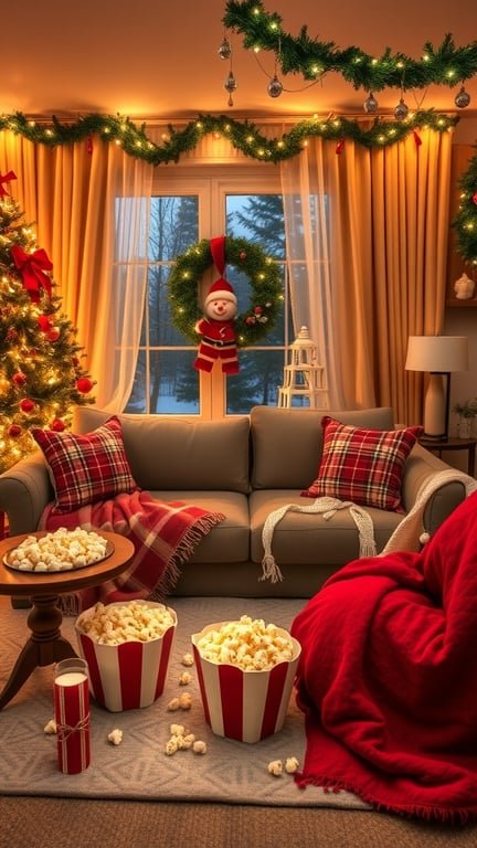 Cozy living room decorated for Christmas with a tree, popcorn, and a blanket.