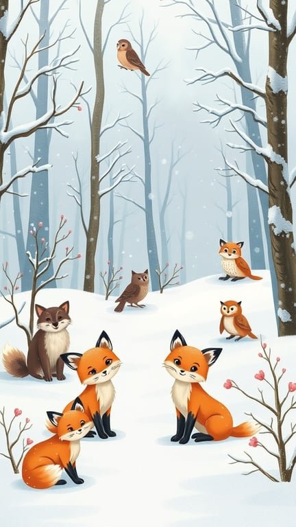 A snowy landscape featuring playful foxes and owls, perfect for a Christmas phone wallpaper.