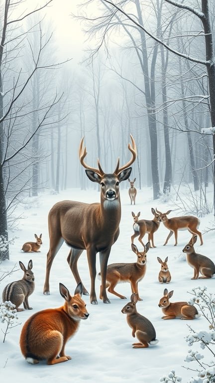 A winter scene with a deer and smaller animals in a snowy forest