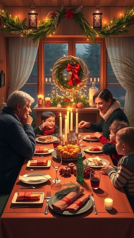 A family gathered around a festive table during Christmas, enjoying a meal together.
