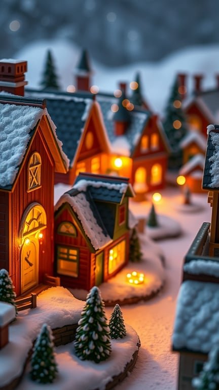 A traditional Christmas village with snow-covered houses and glowing lights