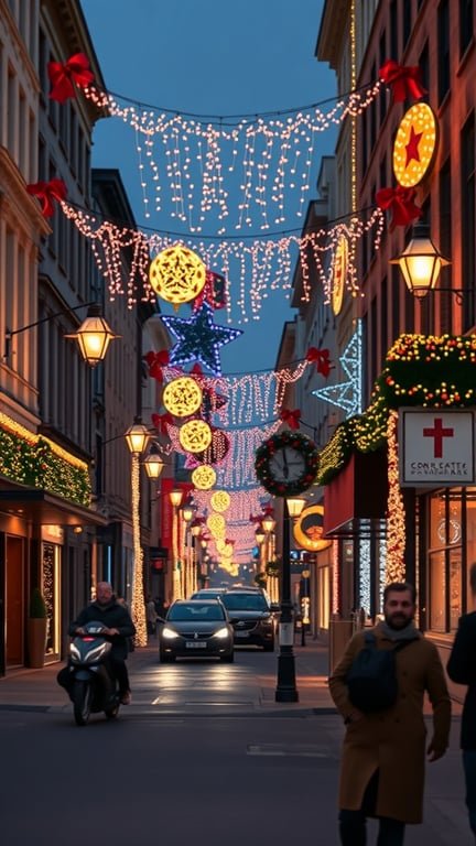 A city street decorated with colorful Christmas lights and ornaments.