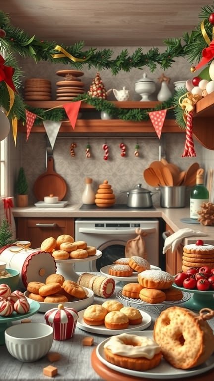 A festive kitchen filled with various baked goods, decorated for the holidays.