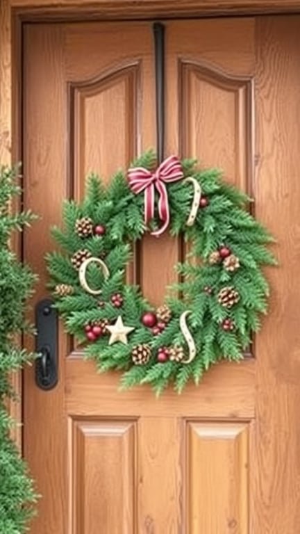 A festive holiday wreath with pine cones and red ornaments on a wooden door.