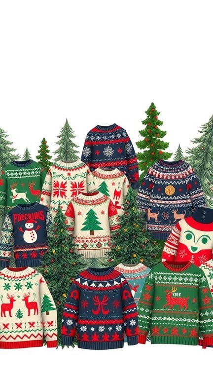 A collection of colorful holiday sweaters with festive patterns and Christmas trees.