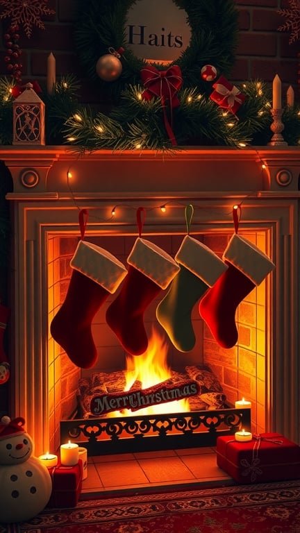 A cozy fireplace with colorful stockings, candles, and Christmas decorations.