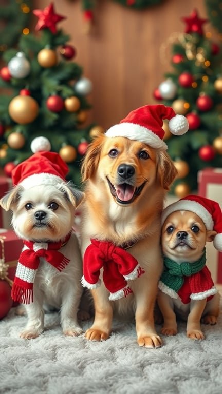 Three dogs in Christmas attire, smiling with Santa hats and scarves, surrounded by holiday decorations.