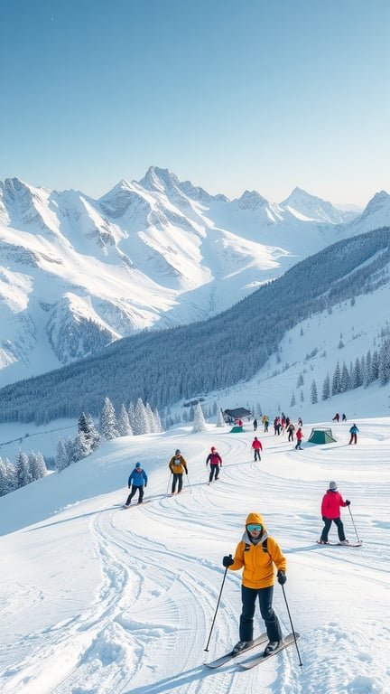 A snowy mountain landscape with people skiing and enjoying winter sports.
