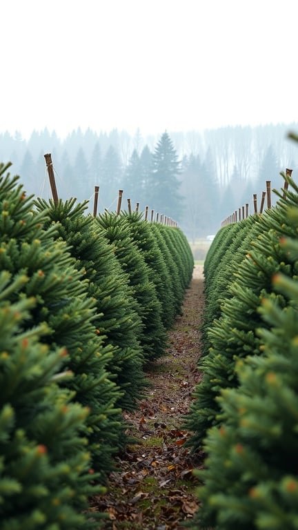 A misty Christmas tree farm with rows of green trees.