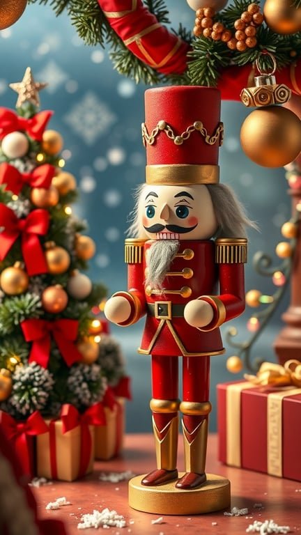 A festive nutcracker figure in front of a decorated Christmas tree with snowflakes in the background.