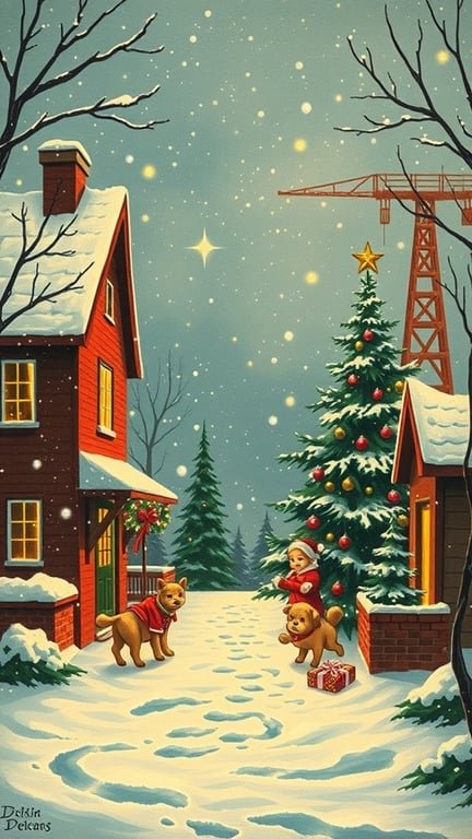 A vintage Christmas scene with a red house, snow, a decorated tree, and children playing with dogs.