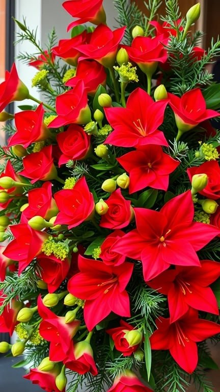 A vibrant arrangement of red flowers, including amaryllis and roses, surrounded by greenery.