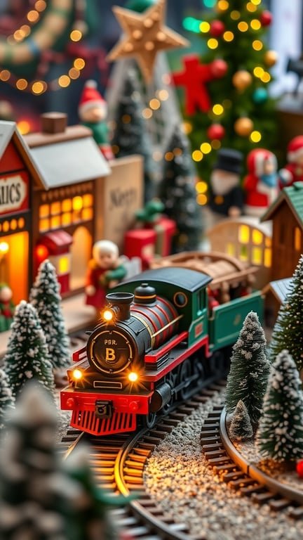 A colorful Christmas train set with a locomotive, surrounded by festive decorations, miniature trees, and holiday figures.