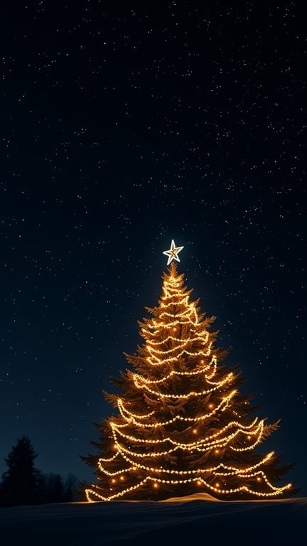 A beautifully lit Christmas tree under a starry night sky