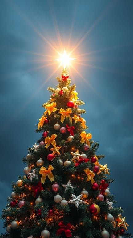 A beautifully decorated Christmas tree with a shining star on top, surrounded by colorful ornaments and bows.