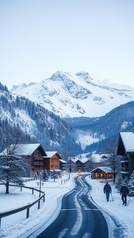 A snowy road with charming houses and mountains in the background, creating a cozy winter scene.