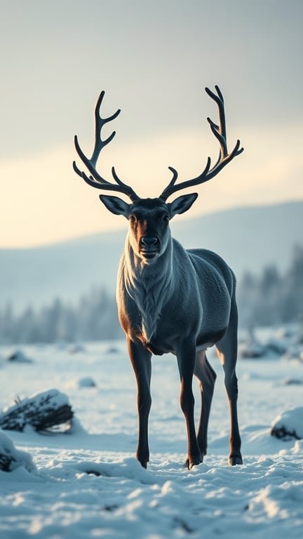 A majestic reindeer standing in the snow with a soft winter light