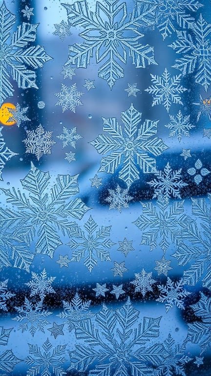 Frosted window pane with intricate snowflake patterns