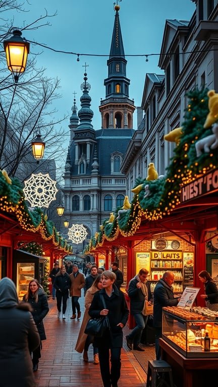 A festive Christmas market scene with stalls, lights, and people enjoying the holiday atmosphere.