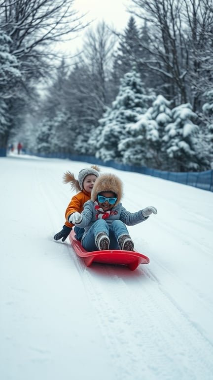 Two children sledding down a snowy hill, surrounded by snow-covered trees.