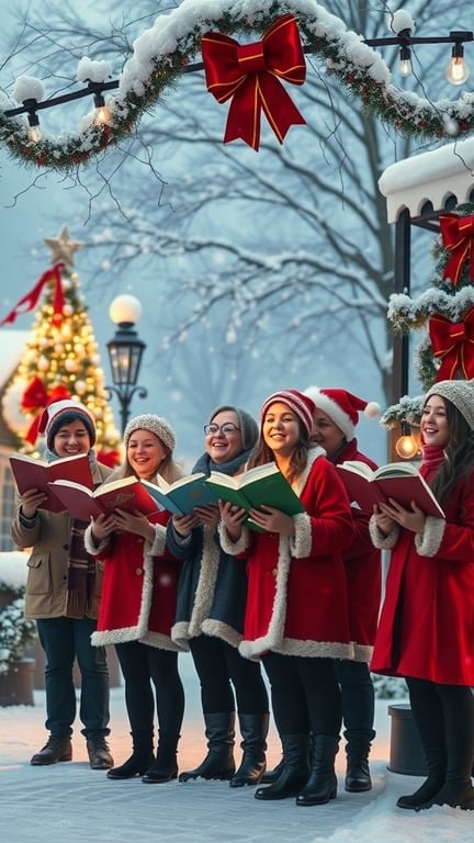 A group of Christmas carolers singing in the snow, dressed in red coats with songbooks, surrounded by festive decorations.