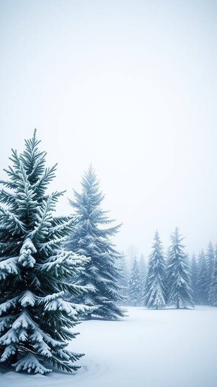 A snowy landscape with evergreen trees covered in snow