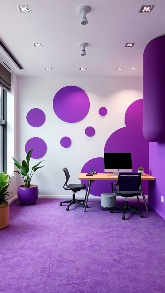 50 Stunning Purple Wallpaper Ideas for Your Home Decor A modern workspace with purple abstract shapes on the walls and a purple carpet.