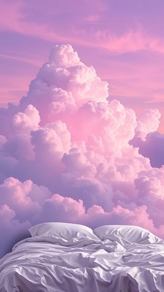 50 Stunning Purple Wallpaper Ideas for Your Home Decor A dreamy scene of fluffy purple clouds against a pastel sky, with a bed in the foreground.