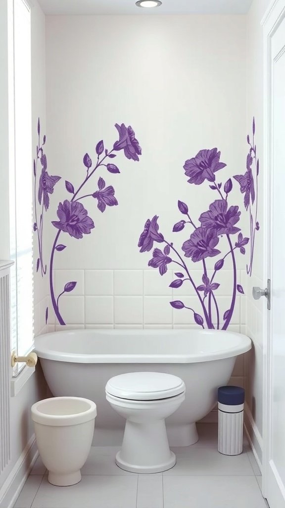50 Stunning Purple Wallpaper Ideas for Your Home Decor Purple floral silhouettes on a bathroom wall