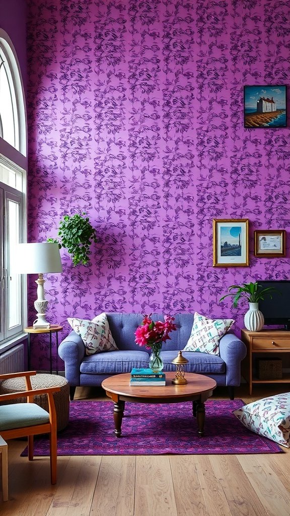 50 Stunning Purple Wallpaper Ideas for Your Home Decor A vibrant living room with purple floral wallpaper, a blue sofa, wooden furniture, and decorative elements.