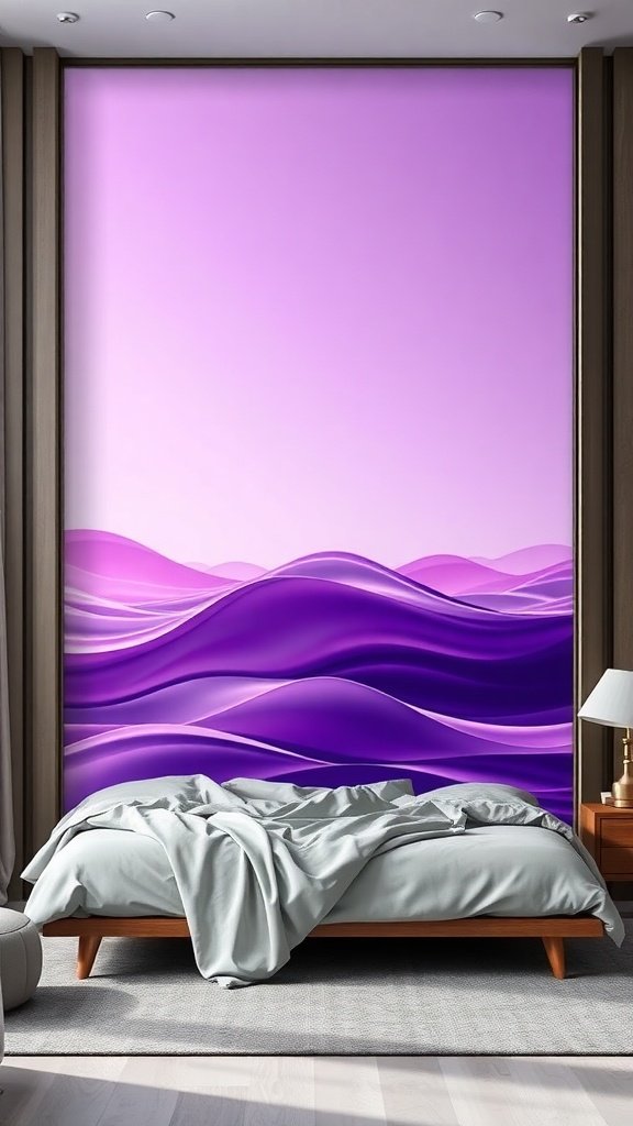 50 Stunning Purple Wallpaper Ideas for Your Home Decor A bedroom with purple gradient waves wallpaper, featuring soft curves and a calming design.