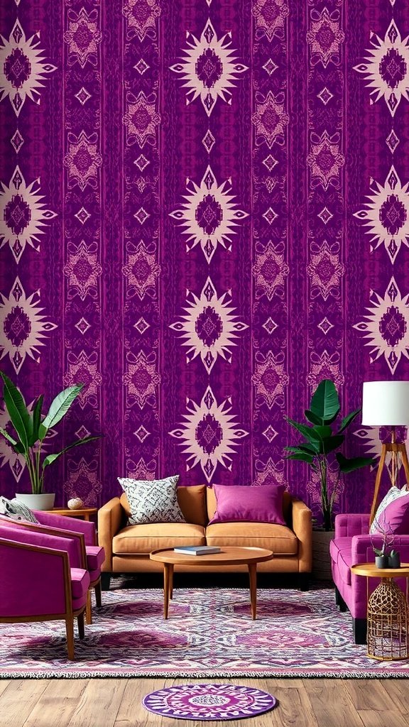 50 Stunning Purple Wallpaper Ideas for Your Home Decor A living room featuring purple ikat patterned wallpaper, with purple and orange furniture and plants.