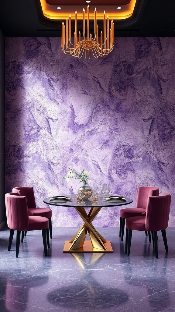 50 Stunning Purple Wallpaper Ideas for Your Home Decor A dining area featuring purple marble wallpaper, a round table, and pink chairs.