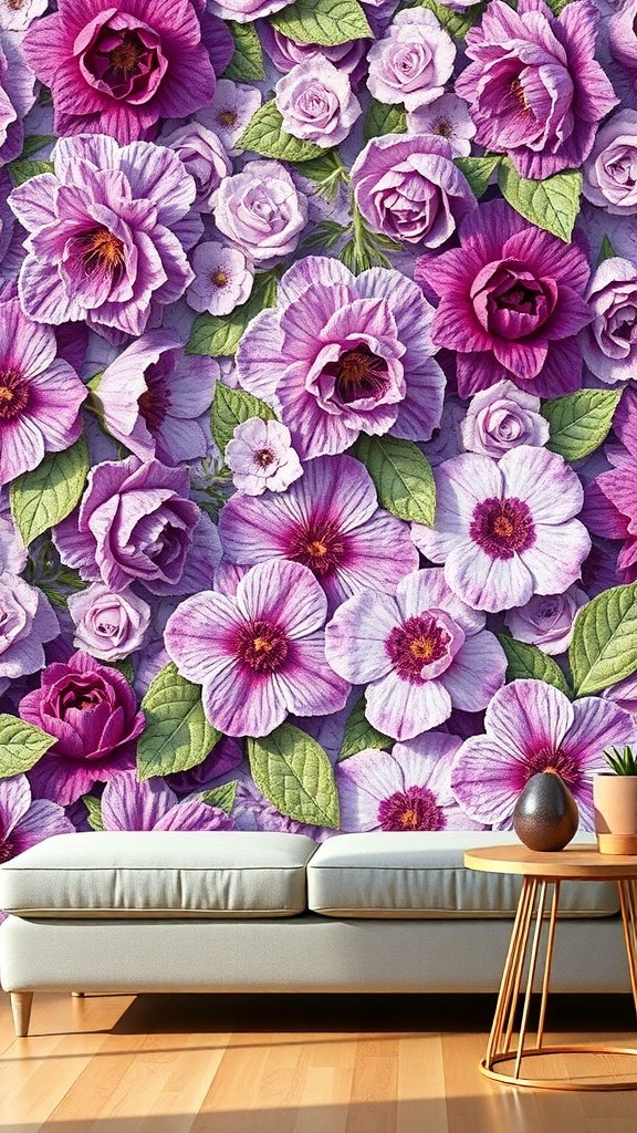 50 Stunning Purple Wallpaper Ideas for Your Home Decor A vibrant purple wallpaper featuring a mosaic of various flowers in shades of purple and green leaves.