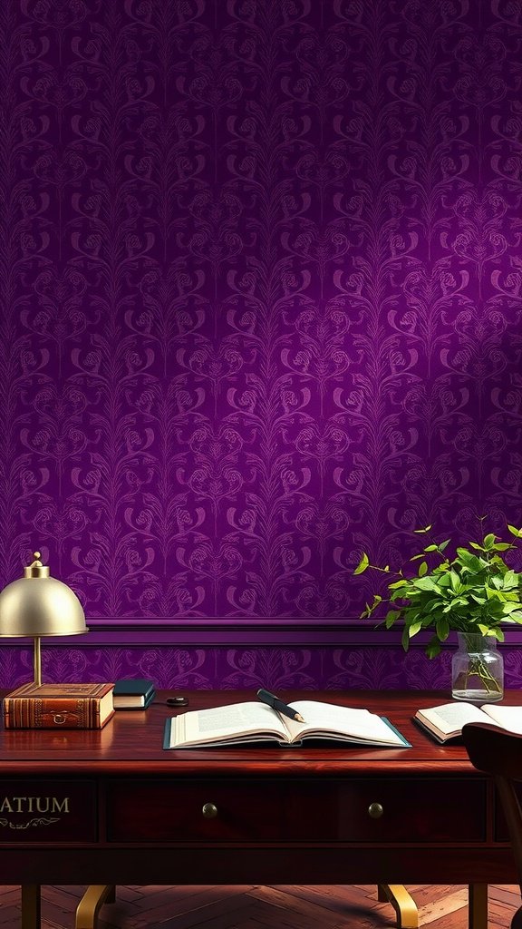 50 Stunning Purple Wallpaper Ideas for Your Home Decor Purple paisley patterned wallpaper in a cozy workspace