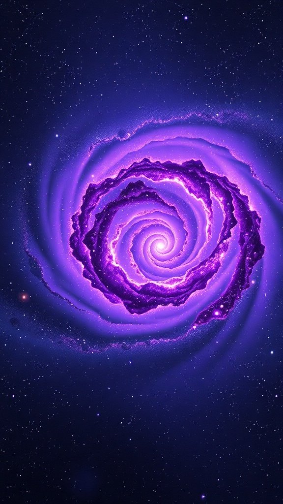50 Stunning Purple Wallpaper Ideas for Your Home Decor A vibrant purple spiral galaxy against a dark background, showcasing swirling patterns and stars.
