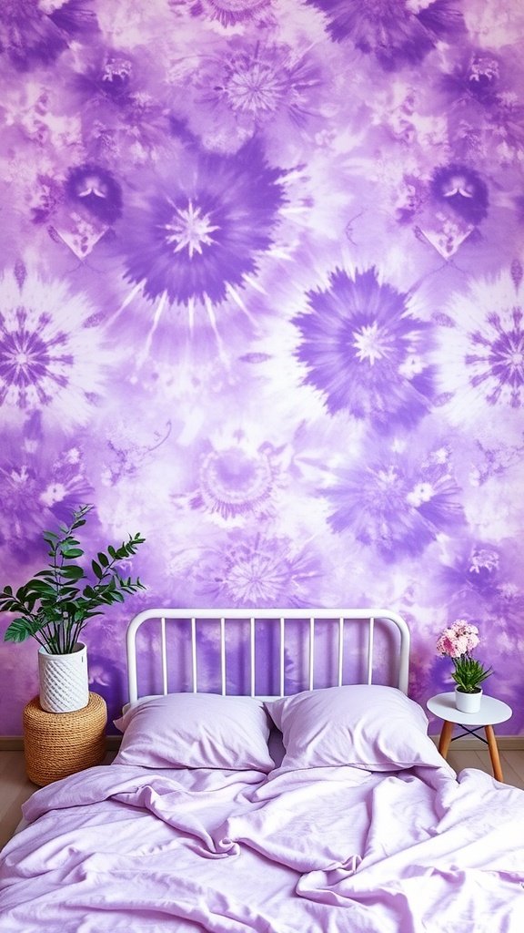 50 Stunning Purple Wallpaper Ideas for Your Home Decor A cozy bedroom with purple tie-dye wallpaper, a white bed frame, and soft purple bedding.