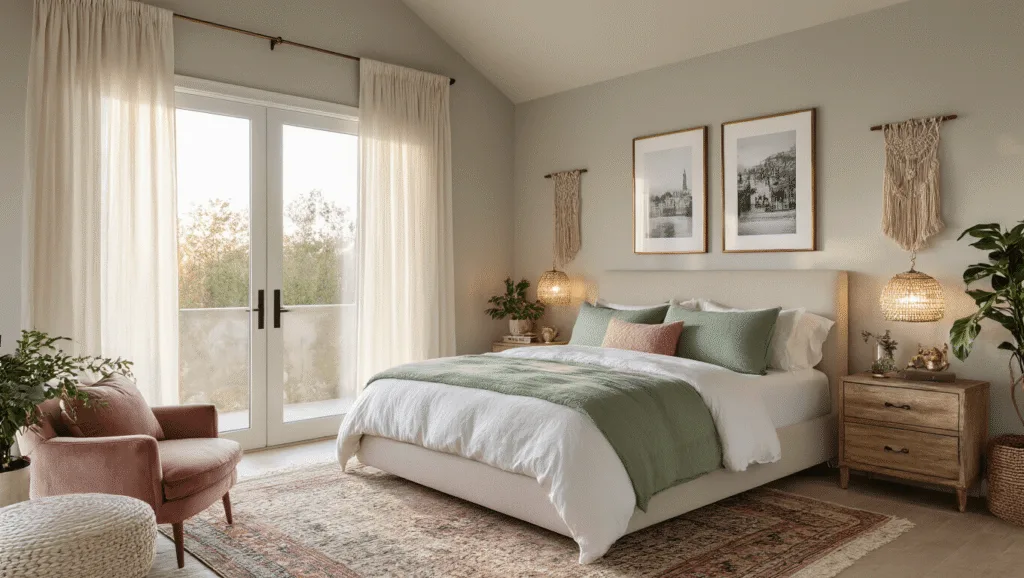 Creating the Perfect Couples Bedroom: A Comprehensive Guide to Romance, Comfort, and Style Photorealistic interior of a serene master bedroom bathed in golden hour light, featuring a California king bed with white organic cotton sheets, pastel duvets, and layered throw pillows, complemented by a vintage Persian rug and soft greige walls adorned with travel photographs. The space includes brass bedside tables, macramé wall hangings, potted plants, and a dusty rose velvet chair, with ambient string lights and cinematic lighting enhancing the atmosphere.