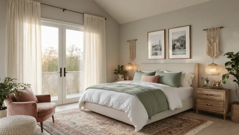 Photorealistic interior of a serene master bedroom bathed in golden hour light, featuring a California king bed with white organic cotton sheets, pastel duvets, and layered throw pillows, complemented by a vintage Persian rug and soft greige walls adorned with travel photographs. The space includes brass bedside tables, macramé wall hangings, potted plants, and a dusty rose velvet chair, with ambient string lights and cinematic lighting enhancing the atmosphere.