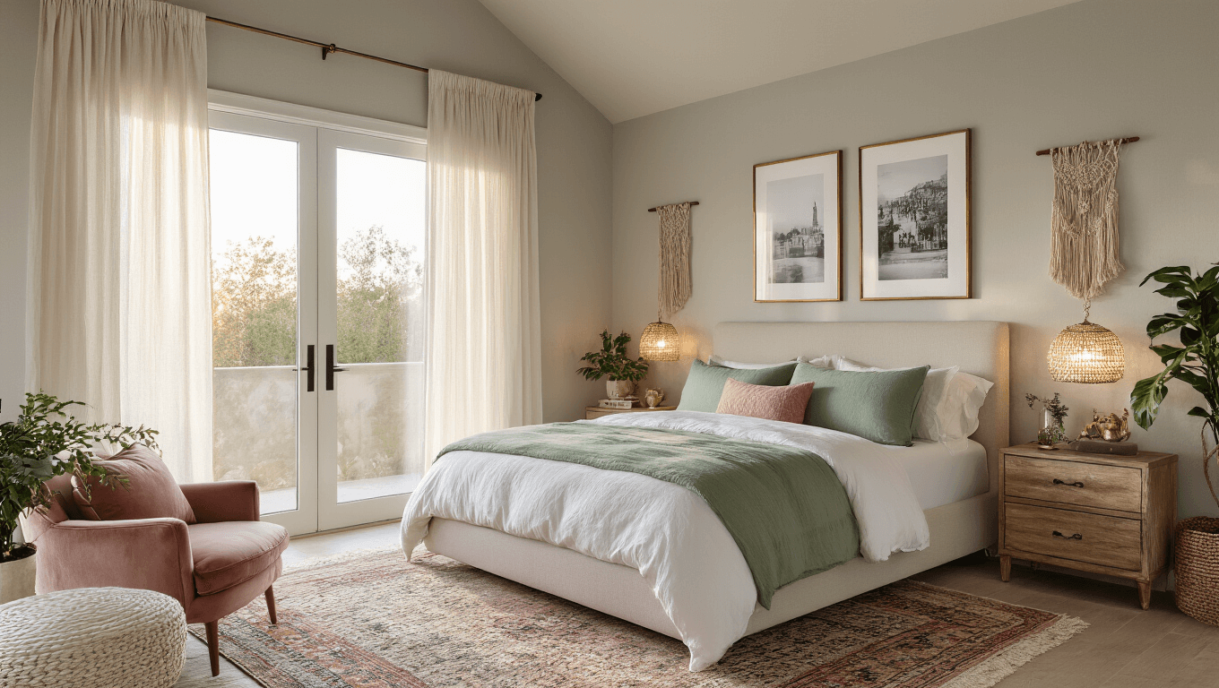 Photorealistic interior of a serene master bedroom bathed in golden hour light, featuring a California king bed with white organic cotton sheets, pastel duvets, and layered throw pillows, complemented by a vintage Persian rug and soft greige walls adorned with travel photographs. The space includes brass bedside tables, macramé wall hangings, potted plants, and a dusty rose velvet chair, with ambient string lights and cinematic lighting enhancing the atmosphere.