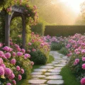 A romantic garden at sunrise with pink hydrangeas, peonies, and climbing roses, featuring a stone path, weathered arbor, and dappled sunlight, creating an ethereal atmosphere.