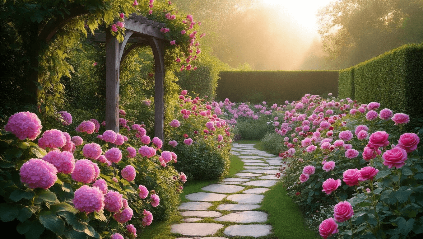 A romantic garden at sunrise with pink hydrangeas, peonies, and climbing roses, featuring a stone path, weathered arbor, and dappled sunlight, creating an ethereal atmosphere.