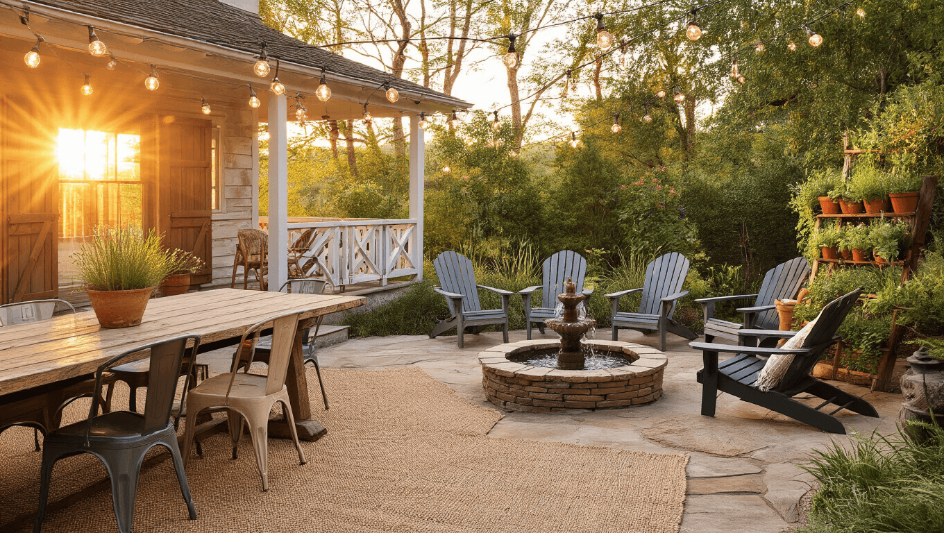 Cinematic wide-angle view of a rustic backyard oasis at sunset, featuring a wooden porch, vintage table and chairs, string lights, a stone fire pit, a DIY fountain surrounded by lush plants, and a ladder display of herbs, all illuminated by warm light and dappled sunlight.