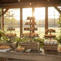 A rustic wedding dessert table in a sunlit barn, featuring a wooden farmhouse table adorned with multi-tiered cake stands, mason jars, and wildflowers, with warm lighting creating a romantic atmosphere.